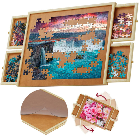 1000 Piece Wooden Jigsaw Puzzle Board - 4 Drawers, Rotating Puzzle Table | 30 X 22 Jigsaw Puzzle Table | Puzzle Cover Included - Portable Puzzle
