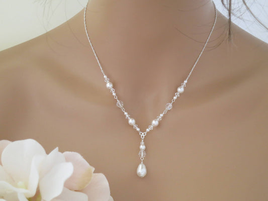Y Necklace Pearl Bridal Jewelry Set Pearl Teardrop Earrings Crystal Bridal Necklace And Earring Set Pearl Wedding Jewelry For Brides