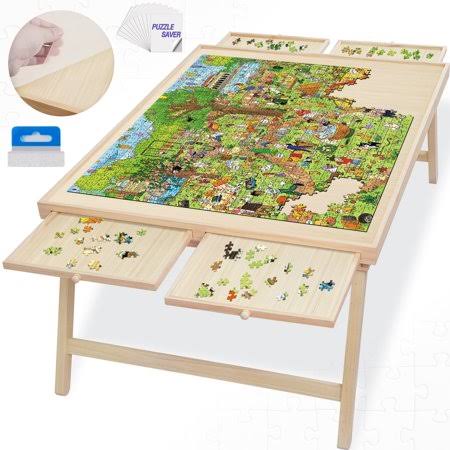 1500 Piece Puzzle Board 34 Inch X 26 Inch Wooden Jigsaw Puzzle Table With Folding Legs And 4 Drawers,1 Protective Cover 10 Glue Sheet And 4 Hangers,